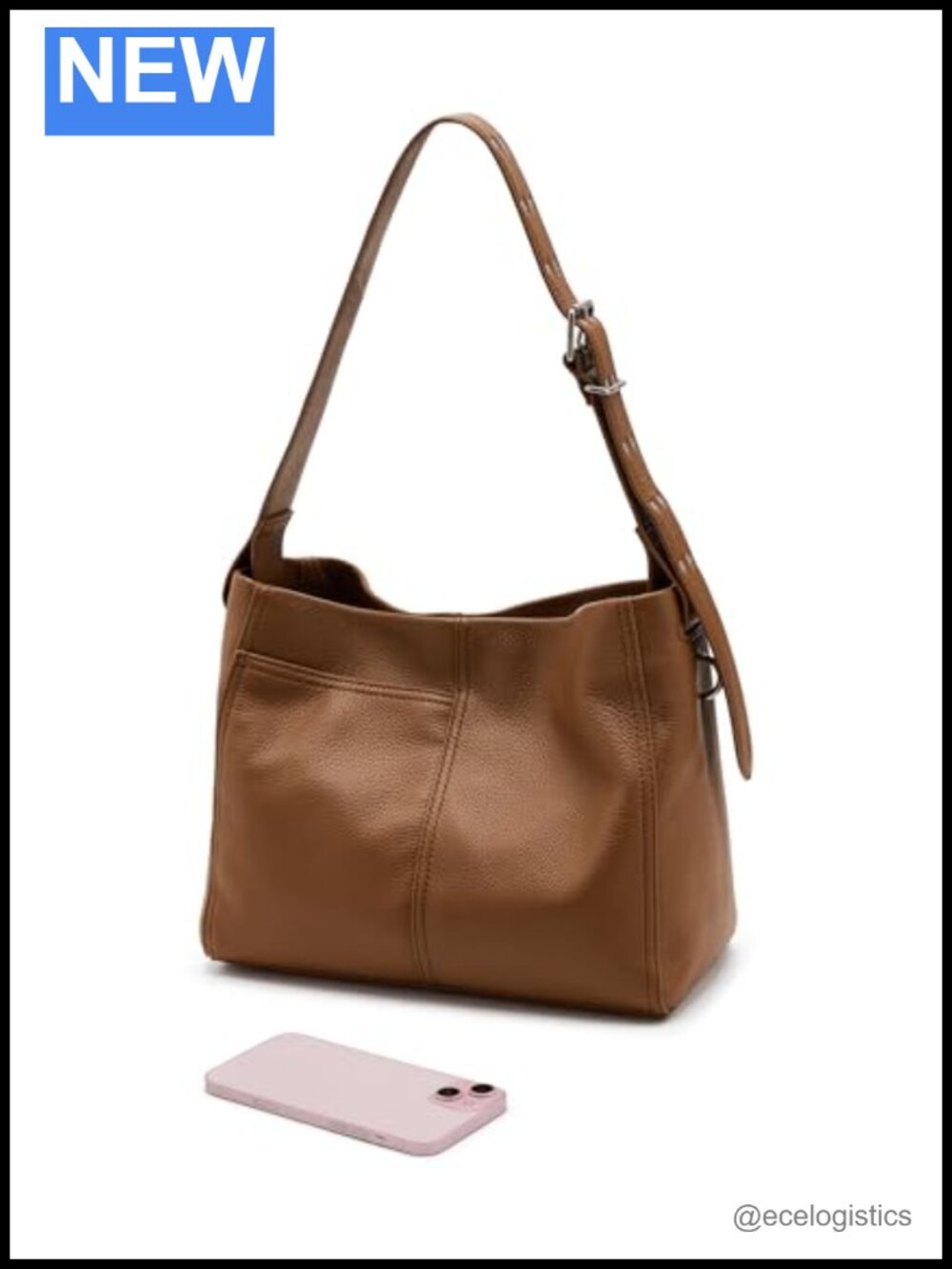 Genuine Leather Hobo Shoulder Bag with Adjustable Strap - Picture 3 of 4